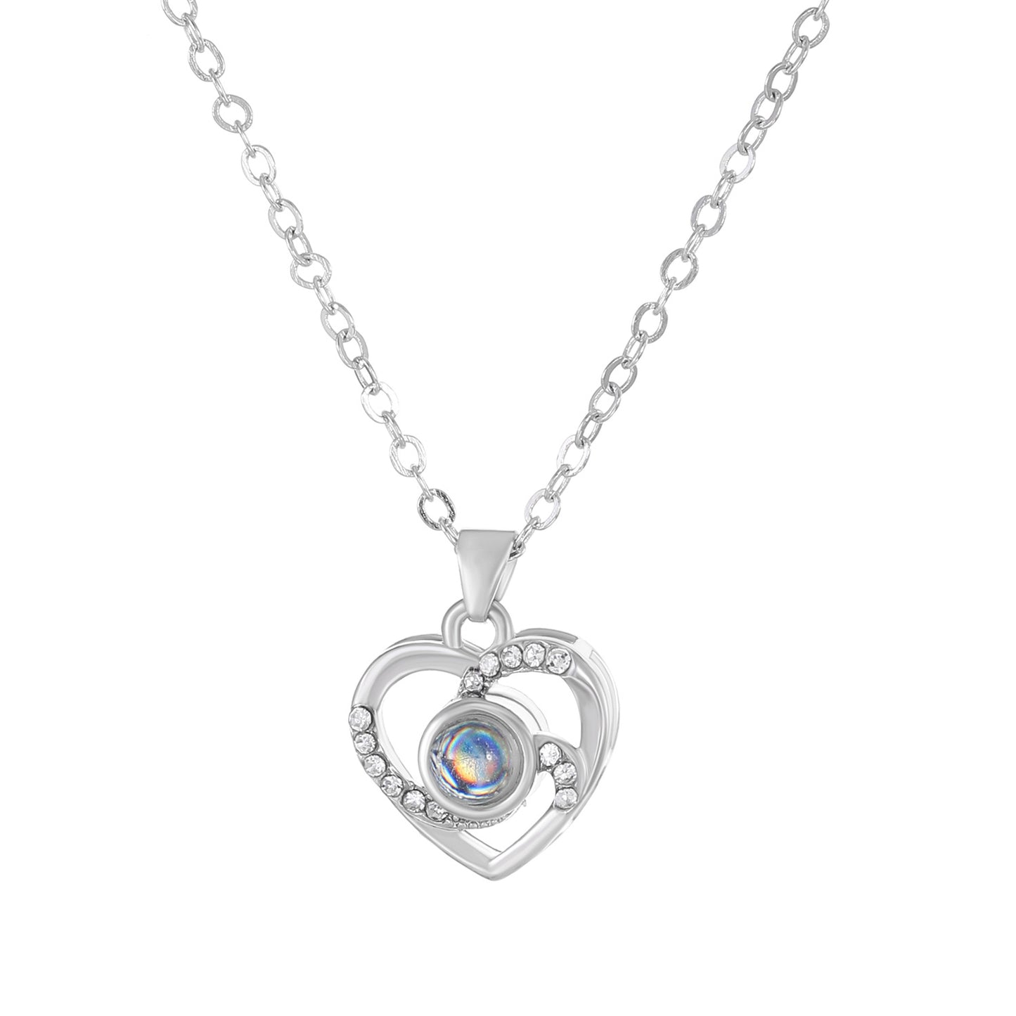 Diamond studded heart-shaped projection necklace in 100 languages. I love you, heart-shaped pendant, couple necklace