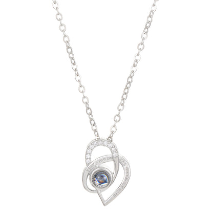Diamond studded heart-shaped projection necklace in 100 languages. I love you, heart-shaped pendant, couple necklace