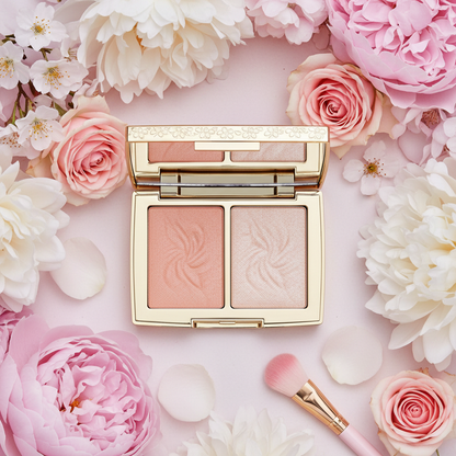 Rose Bloom Blush and Highlighter Duo Palette open compact showing rose pink blush and champagne highlighter with floral embossed design, surrounded by pink roses