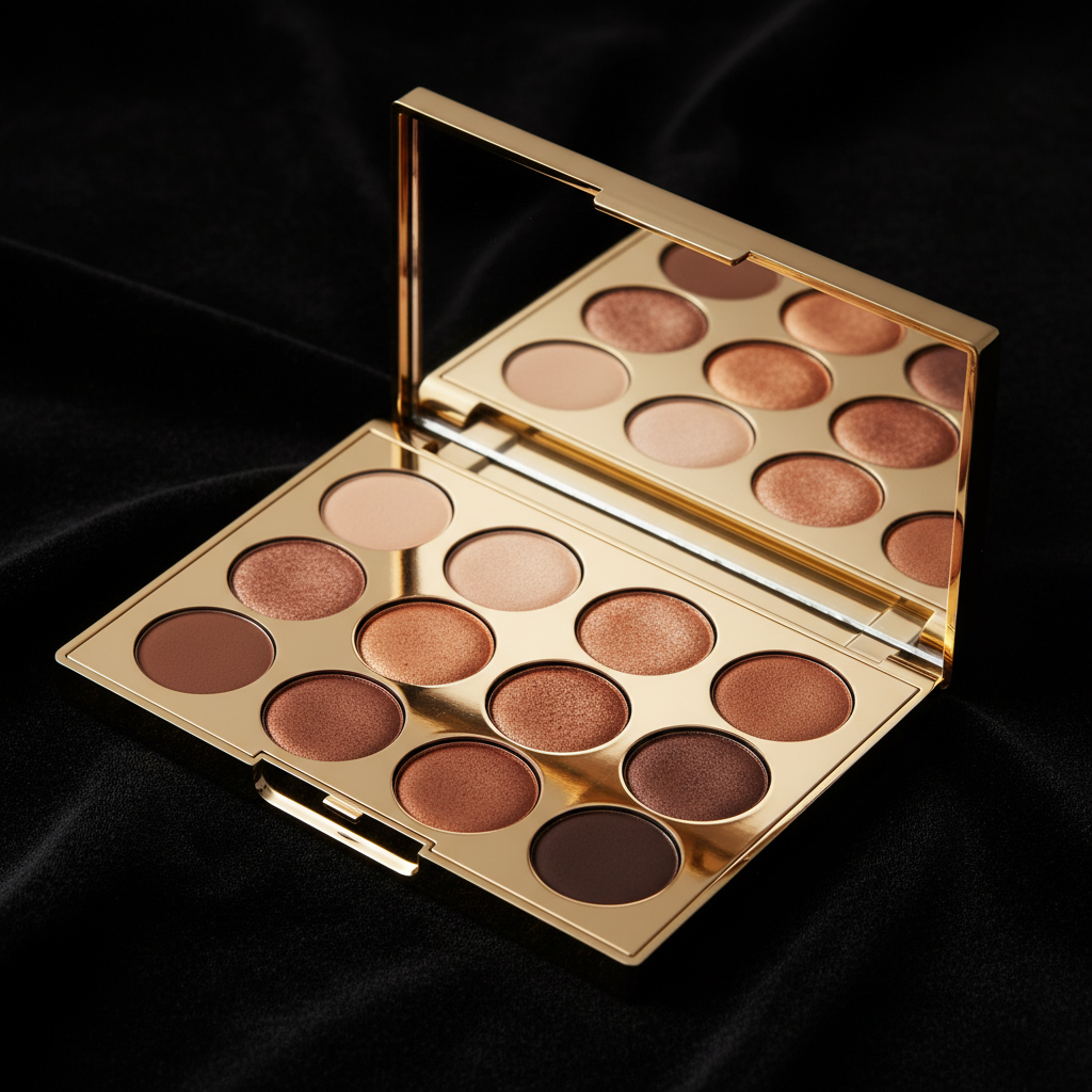 Golden Hour 12-Pan Warm Nude Eyeshadow Palette open gold compact showing 12 warm nude shades from ivory to espresso on black velvet background