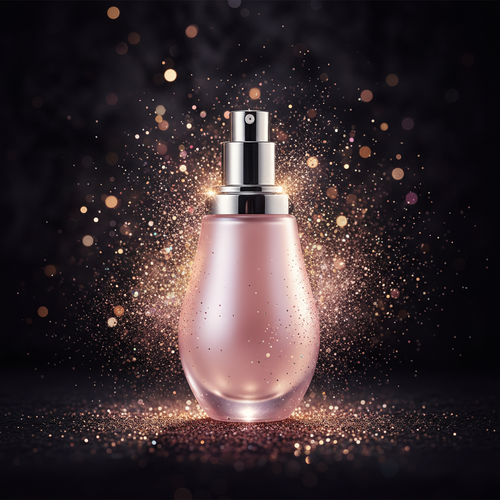 Rose Glow Illuminating Primer Serum Spray in rose-pink frosted glass bottle with silver pump, surrounded by golden glitter bokeh on dark background